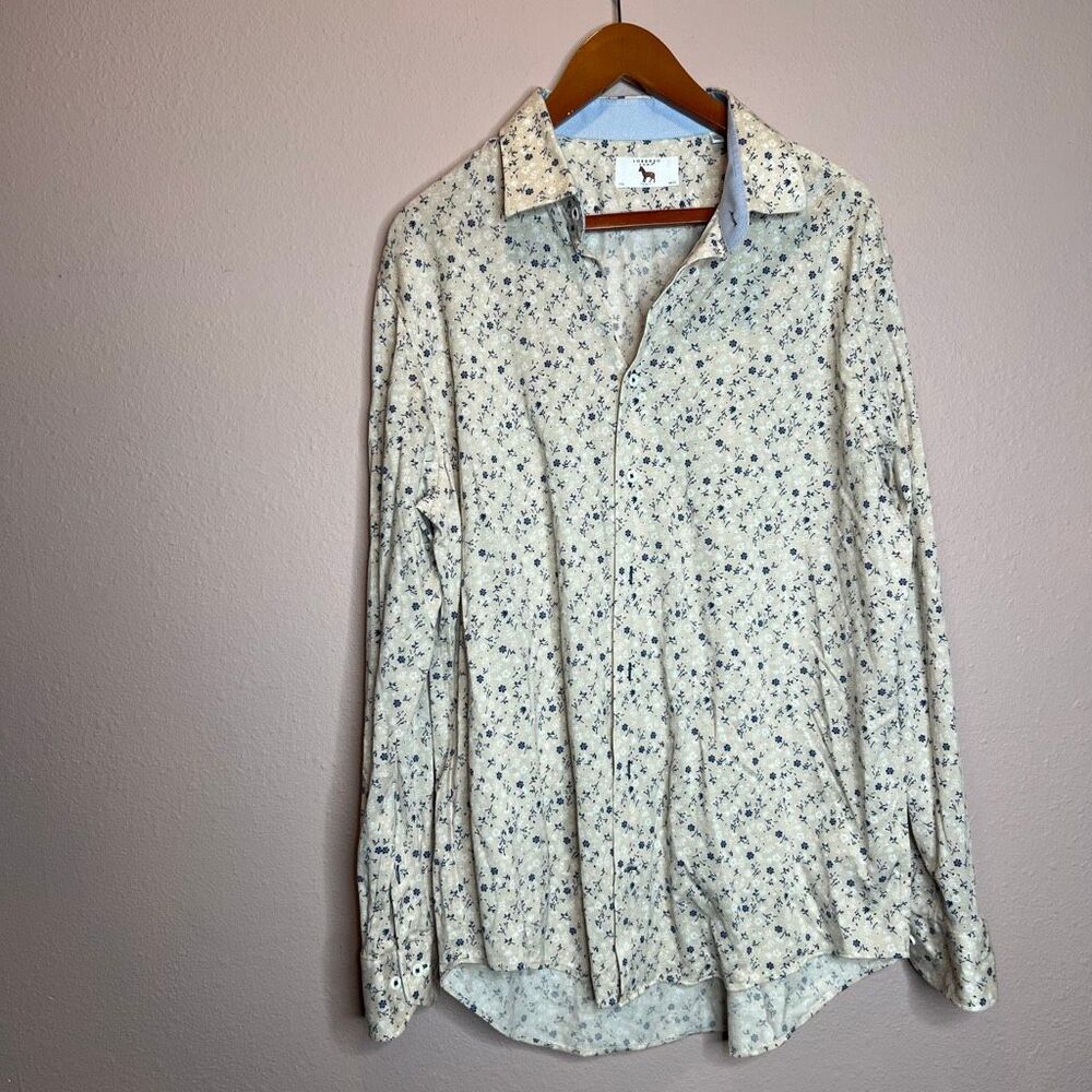 Lorenzo Oumo Floral Shirt Contrast Cuff Collar White Blue trim fit
